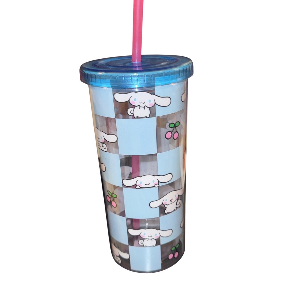 Cinnamoroll Travel Tumbler with‎ Straw 20oz Blue Checkered Sanrio Kawaii Cute